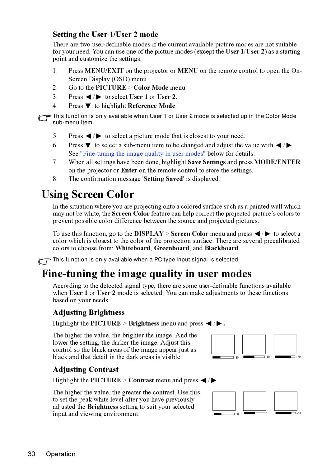 ViewSonic PJD5152, PJD5352 Using Screen Color, Fine-tuning the image quality in user modes, Setting the User 1/User 2 mode 