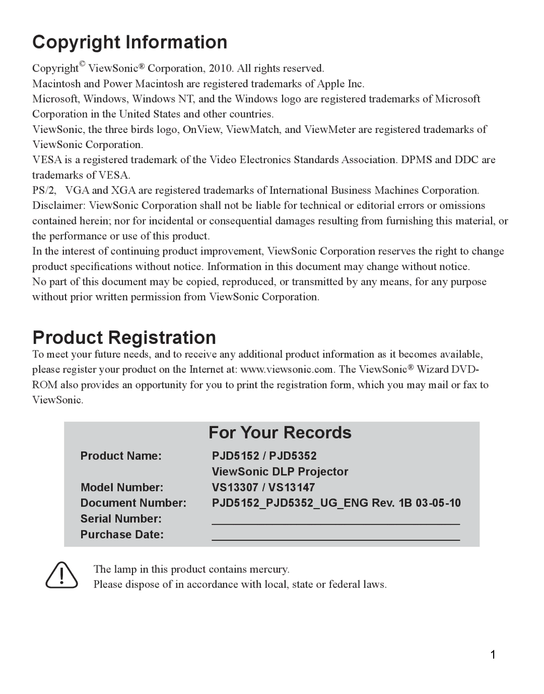 ViewSonic PJD5352, PJD5152 warranty Copyright Information 