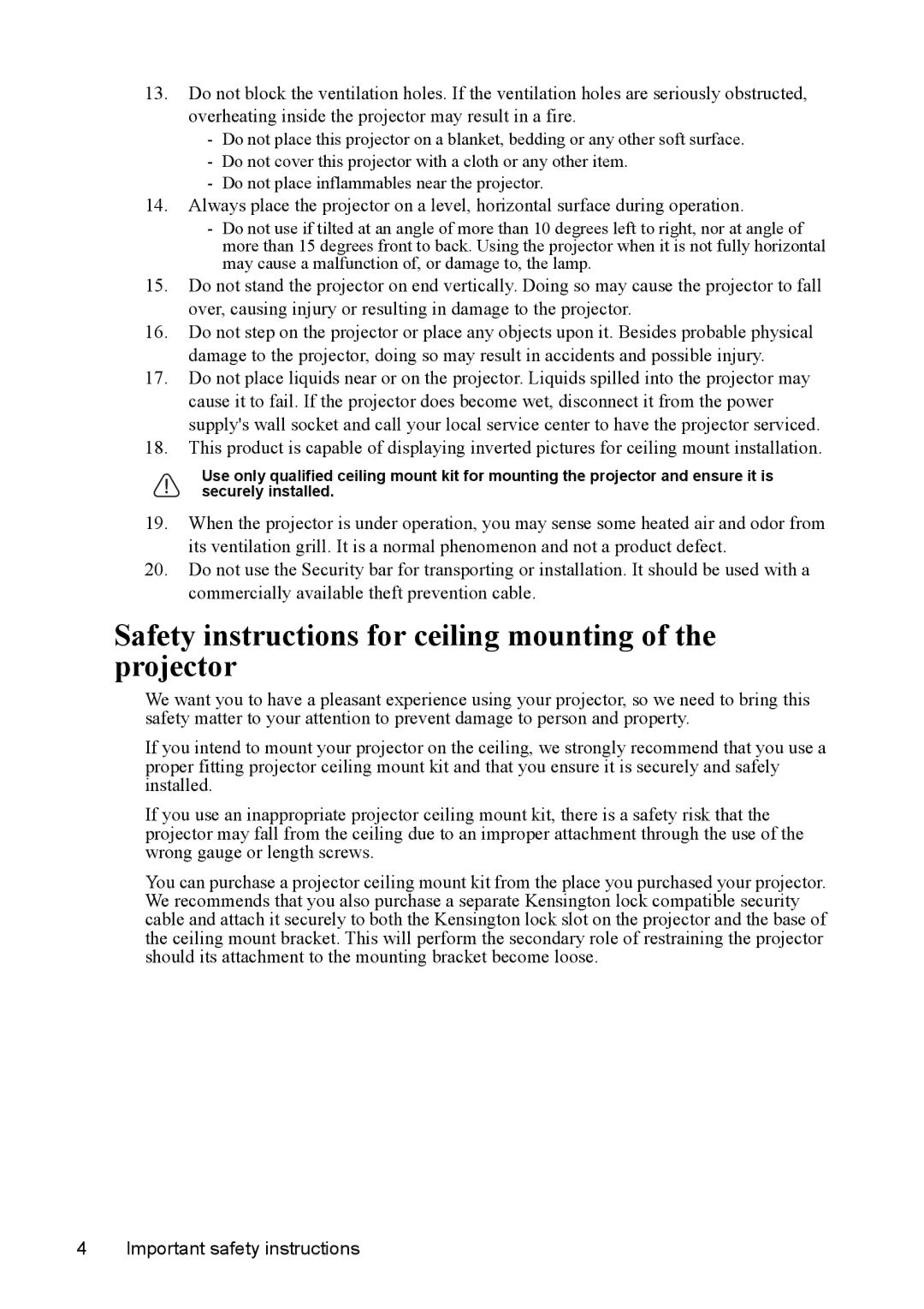 ViewSonic PJD5152, PJD5352 warranty Safety instructions for ceiling mounting of the projector 