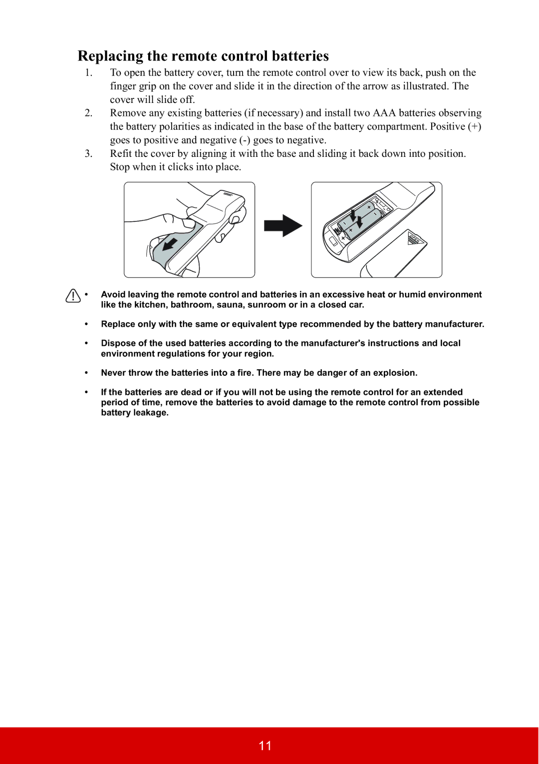 ViewSonic PJD5533W, PJD5134 warranty Replacing the remote control batteries 