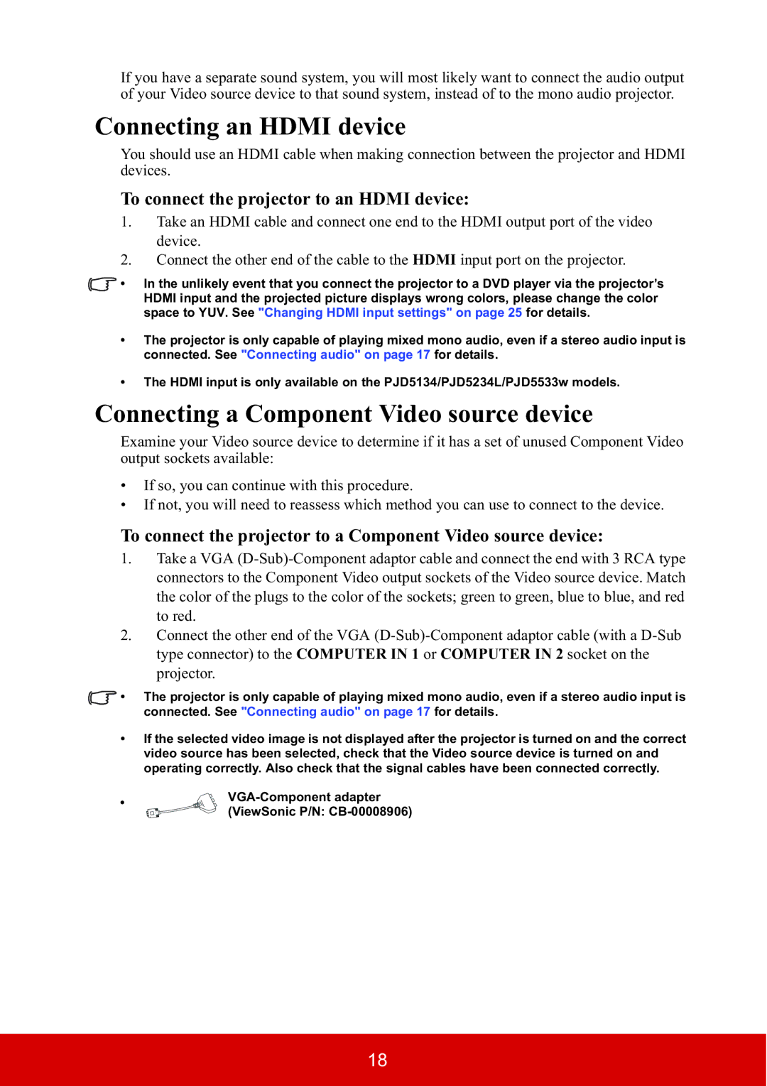 ViewSonic PJD5134, PJD5533W warranty Connecting an Hdmi device, Connecting a Component Video source device 