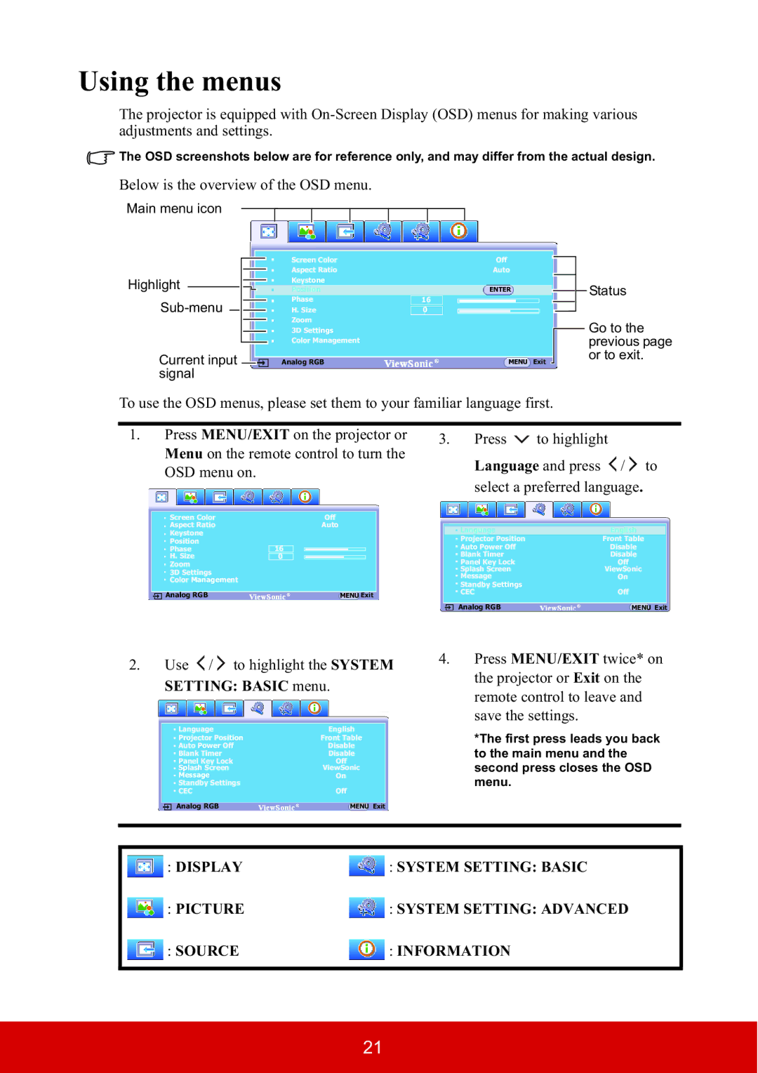 ViewSonic PJD5533W, PJD5134 warranty Using the menus, Below is the overview of the OSD menu 