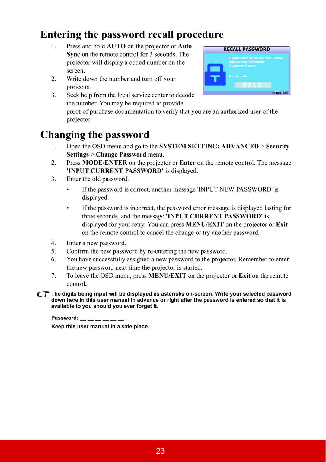 ViewSonic PJD5533W, PJD5134 warranty Entering the password recall procedure, Changing the password 