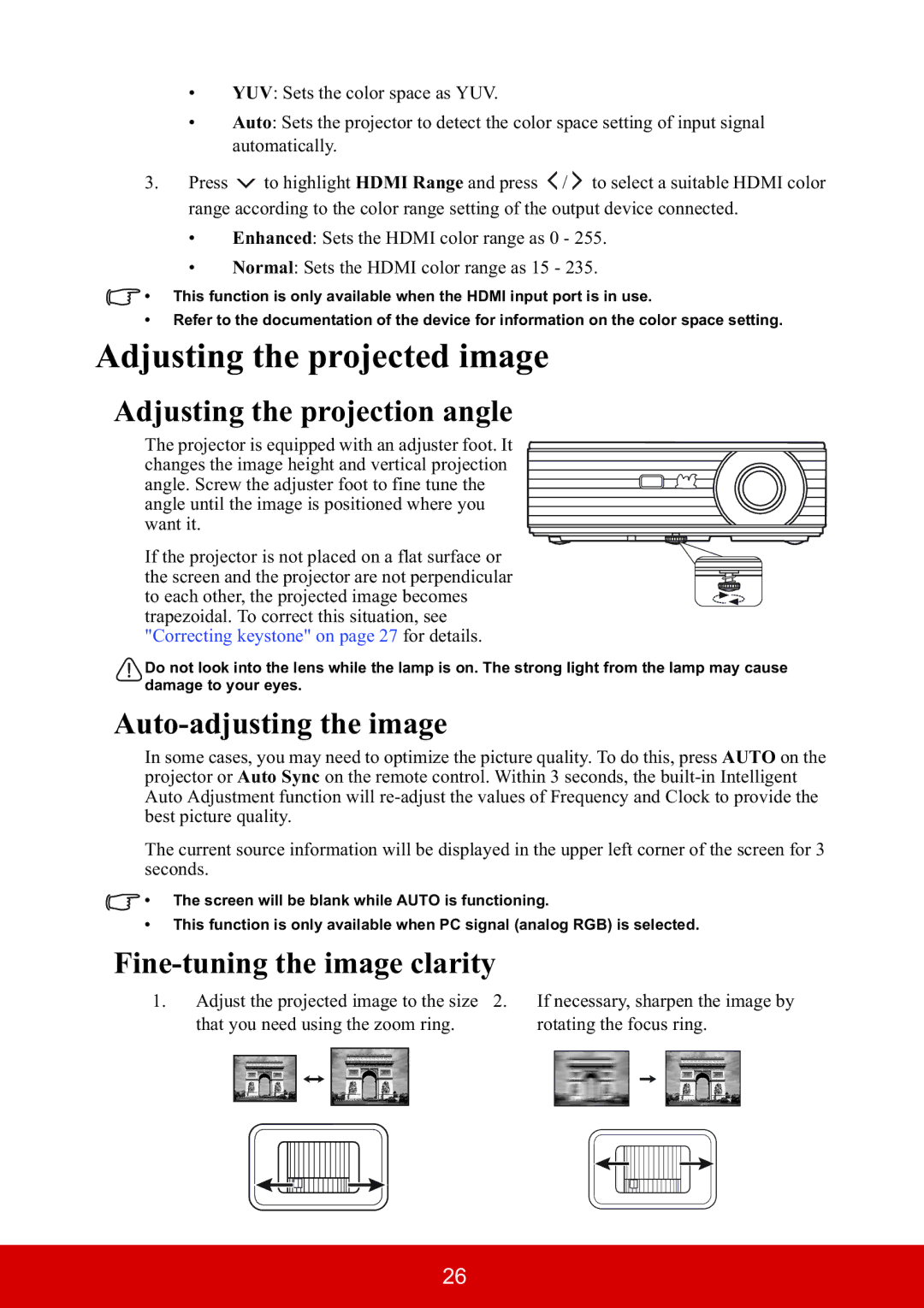 ViewSonic PJD5134, PJD5533W warranty Adjusting the projected image, Adjusting the projection angle, Auto-adjusting the image 