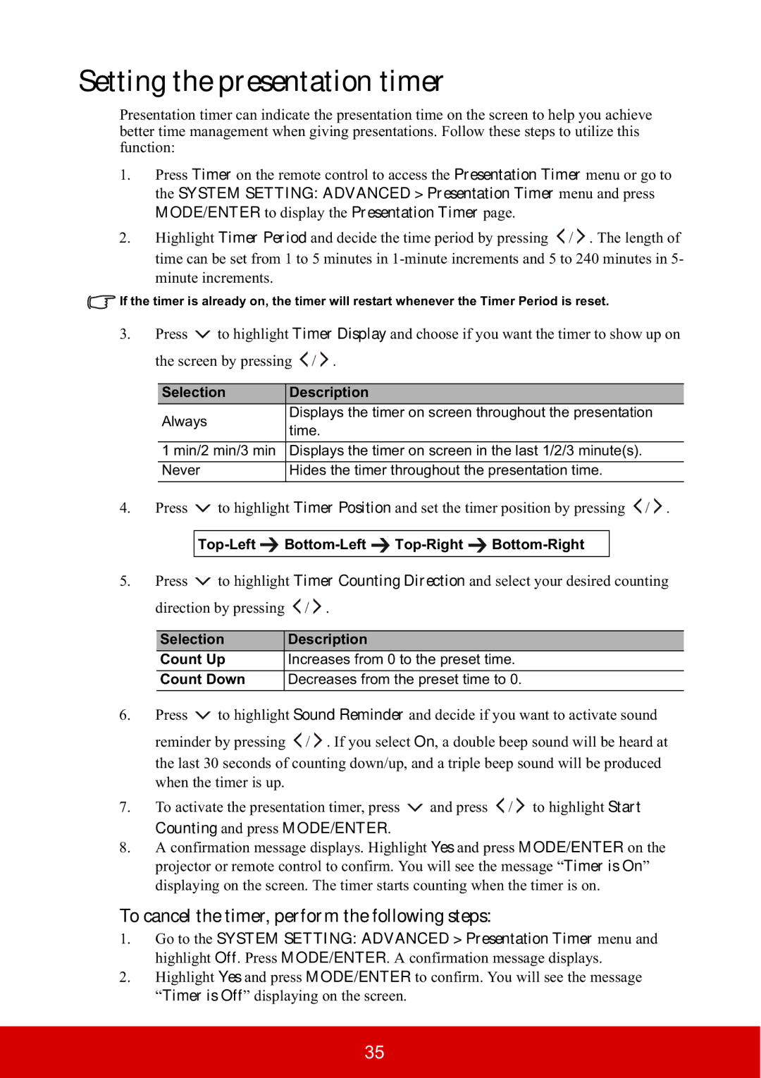 ViewSonic PJD5533W, PJD5134 warranty Setting the presentation timer, To cancel the timer, perform the following steps 