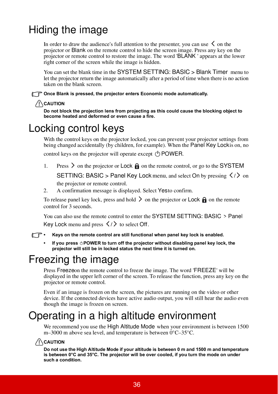 ViewSonic PJD5134 Hiding the image, Locking control keys, Freezing the image, Operating in a high altitude environment 