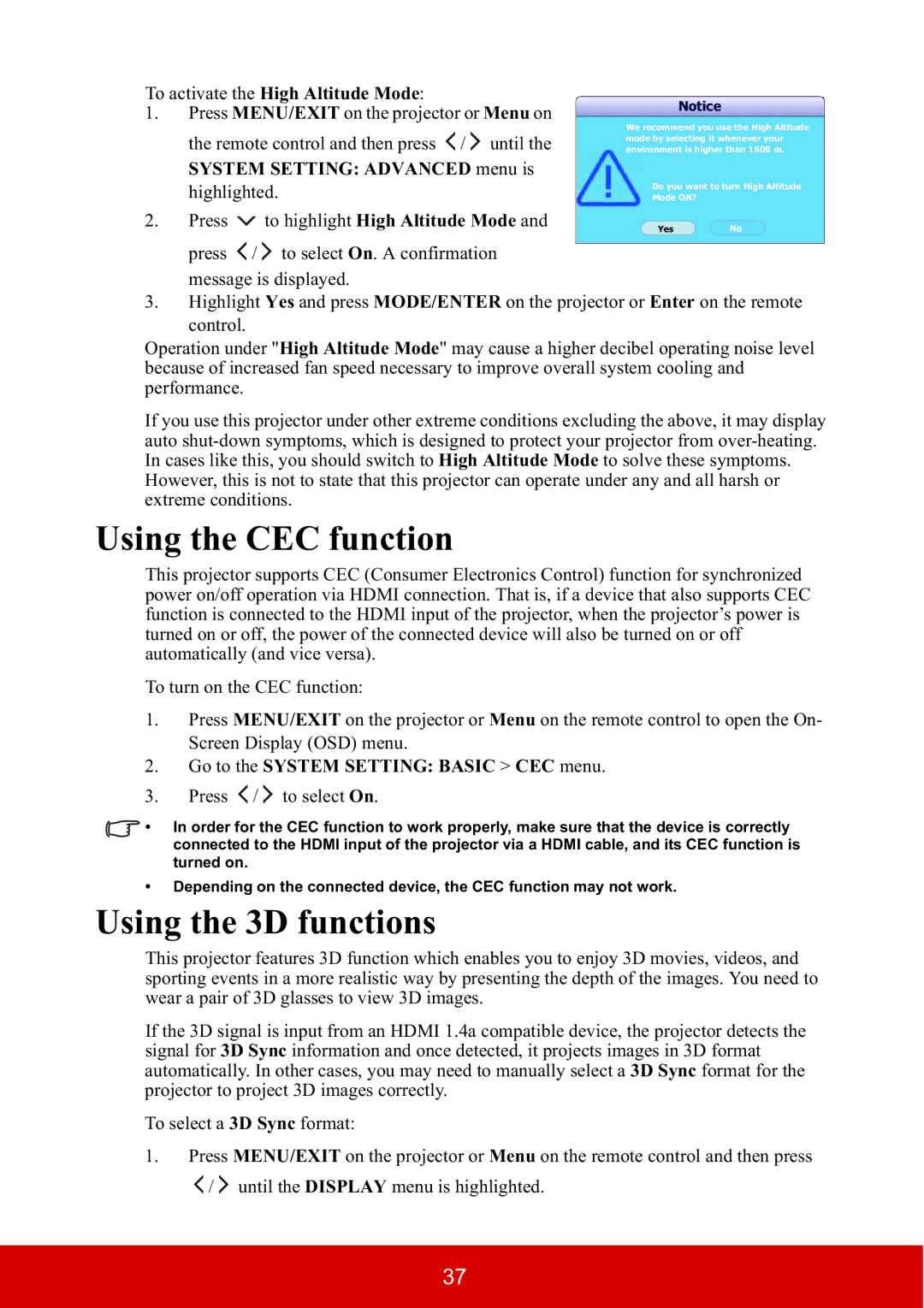 ViewSonic PJD5533W, PJD5134 warranty Using the CEC function, Using the 3D functions, To highlight High Altitude Mode 