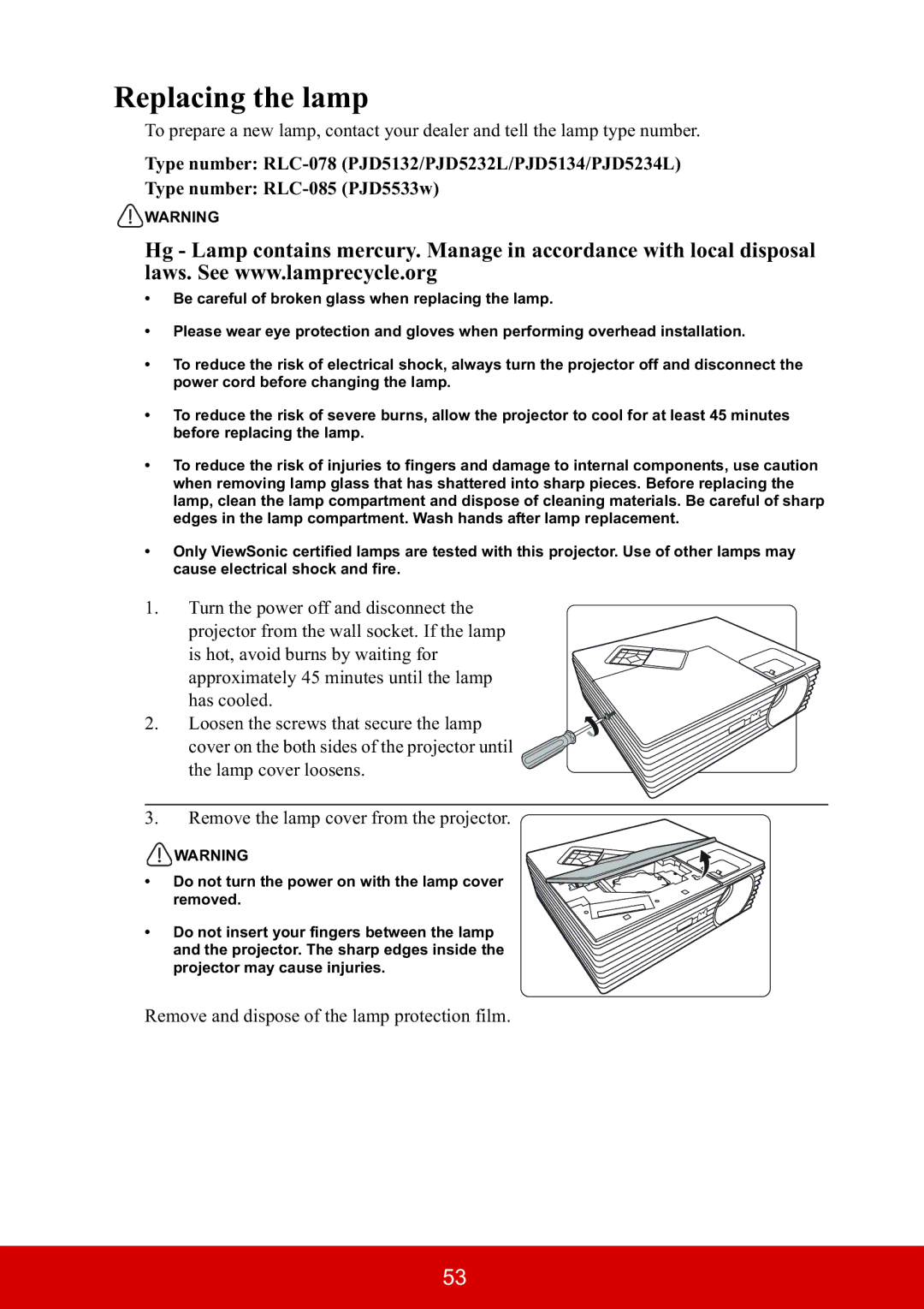 ViewSonic PJD5533W, PJD5134 warranty Replacing the lamp, Remove and dispose of the lamp protection film 