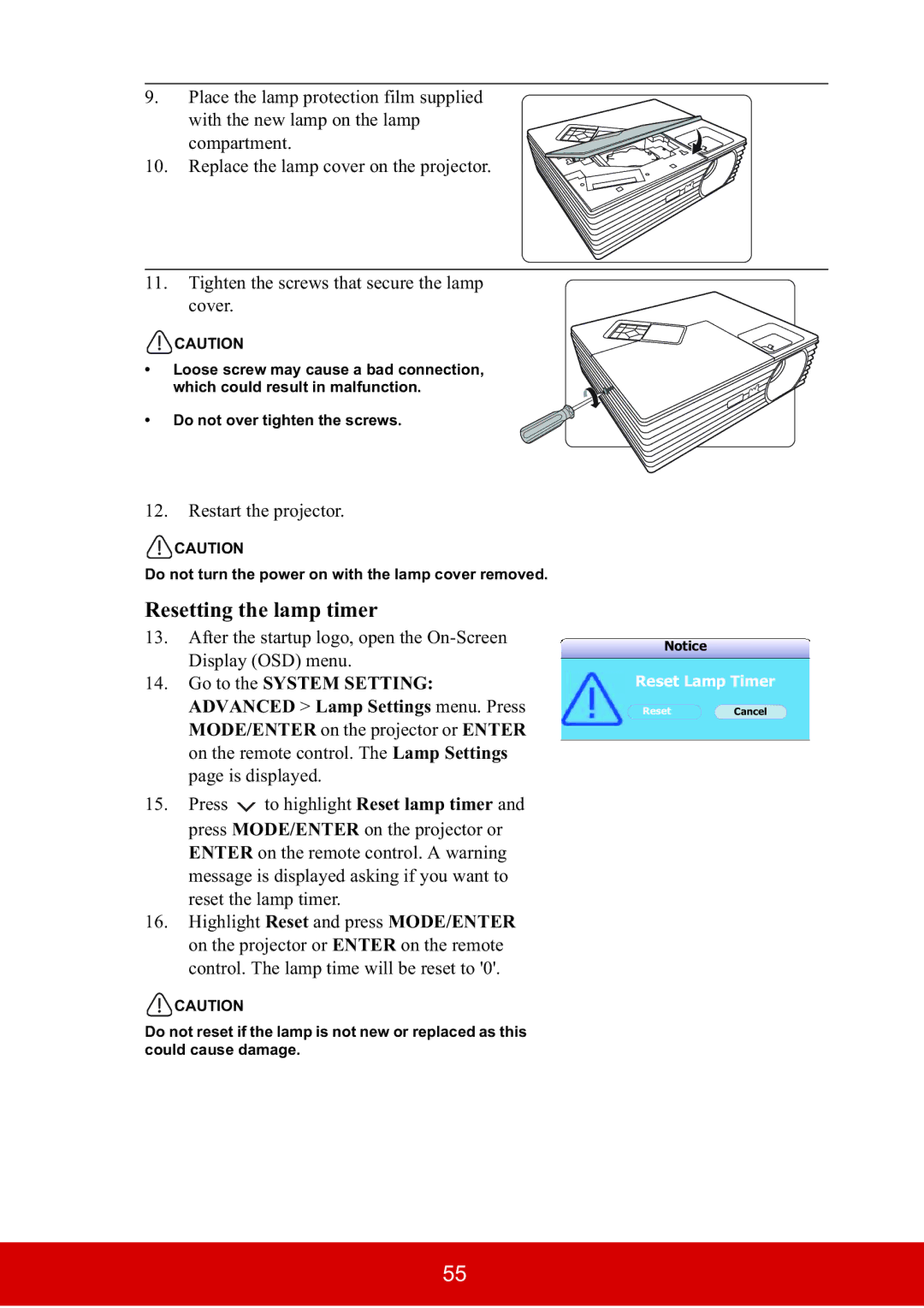 ViewSonic PJD5533W, PJD5134 warranty Resetting the lamp timer, Restart the projector 