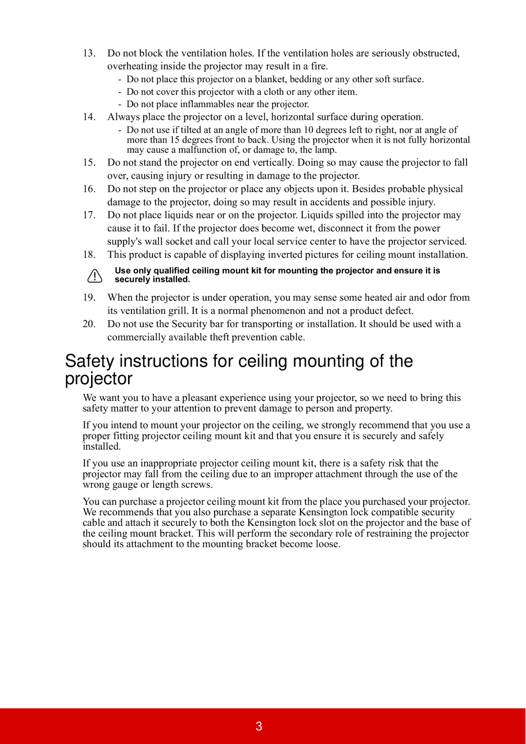 ViewSonic PJD5533W, PJD5134 warranty Safety instructions for ceiling mounting of the projector 