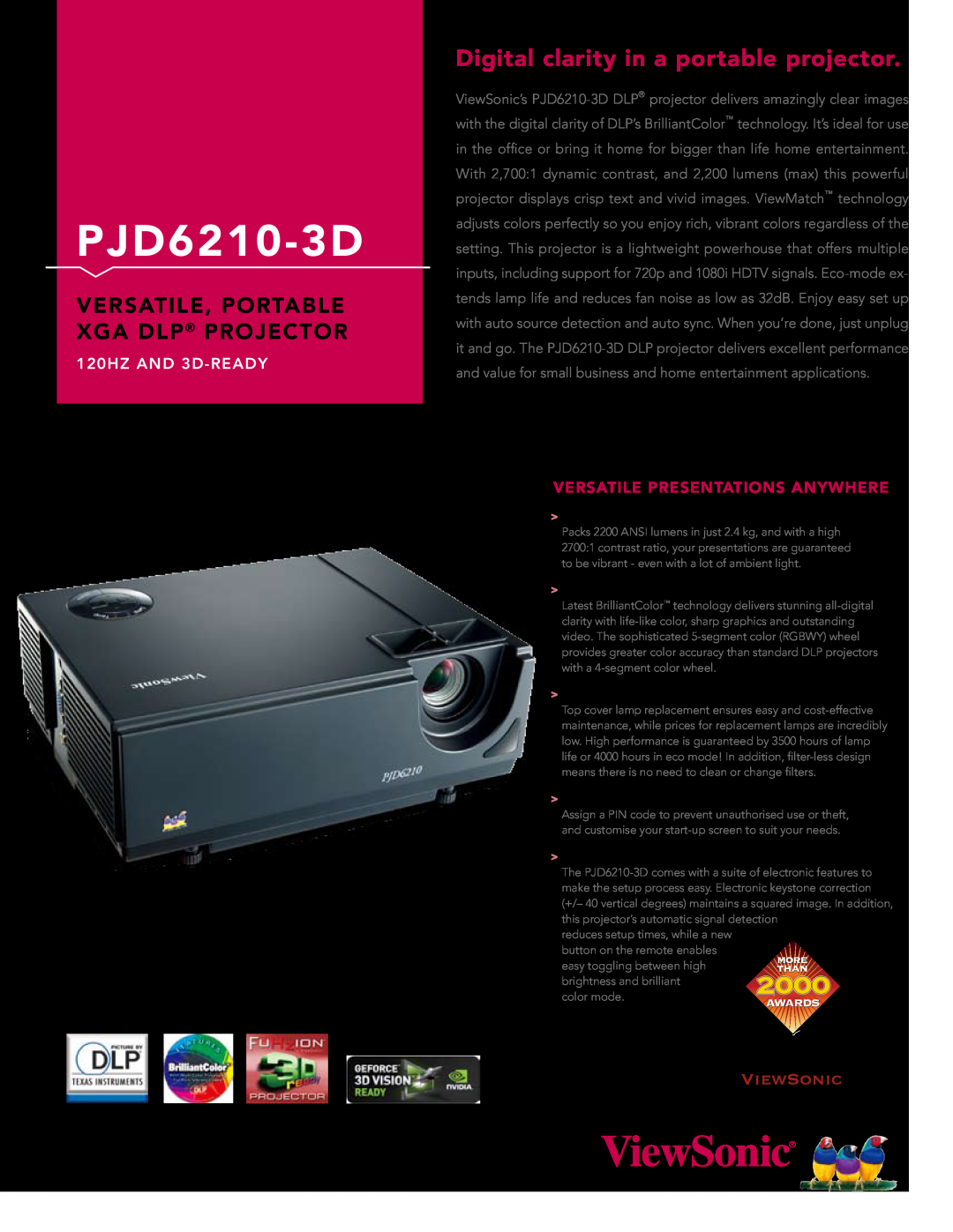 ViewSonic PJD6210-3D DLP manual Digital clarity in a portable projector, Versatile, Portable Xga Dlp Projector 
