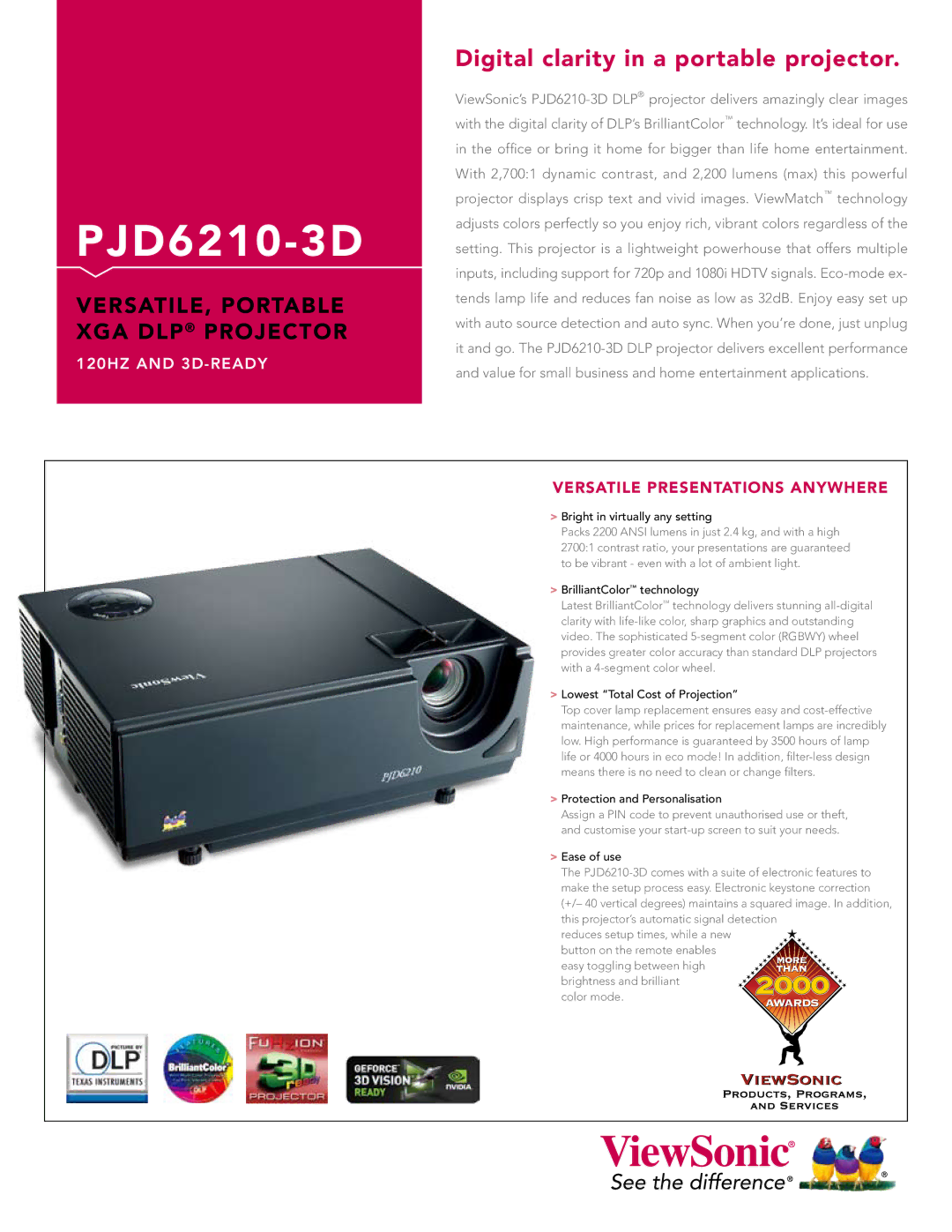 ViewSonic PJD6210-3D DLP manual Bright in virtually any setting, BrilliantColor technology, Protection and Personalisation 