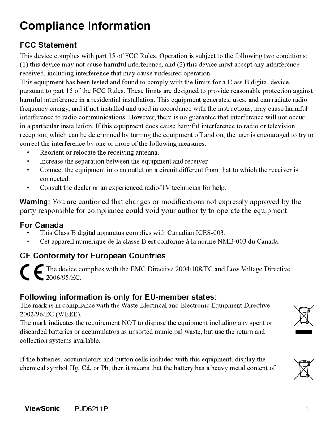 ViewSonic VS13729 Compliance Information, FCC Statement, For Canada, CE Conformity for European Countries, ViewSonic 