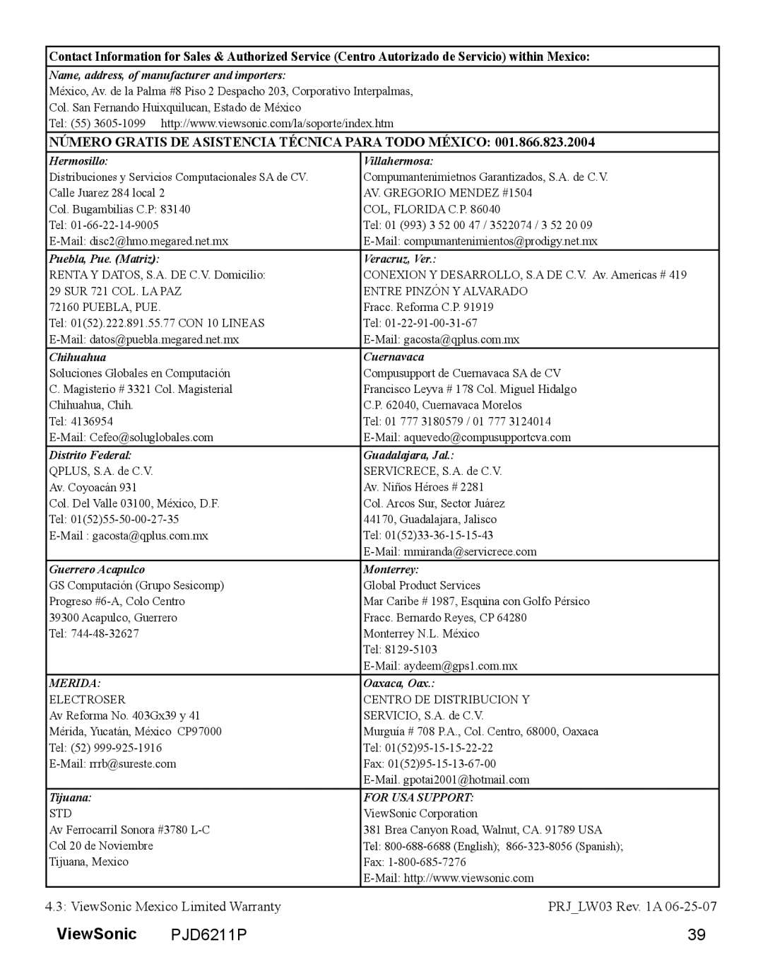 ViewSonic VS13729 warranty ViewSonic, PJD6211P, Número Gratis De Asistencia Técnica Para Todo México 