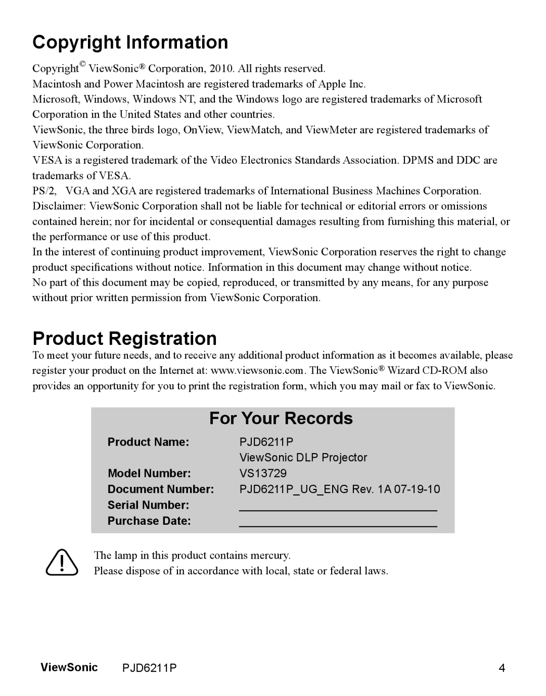 ViewSonic PJD6211P Copyright Information, Product Registration, For Your Records, Product Name, Model Number, ViewSonic 