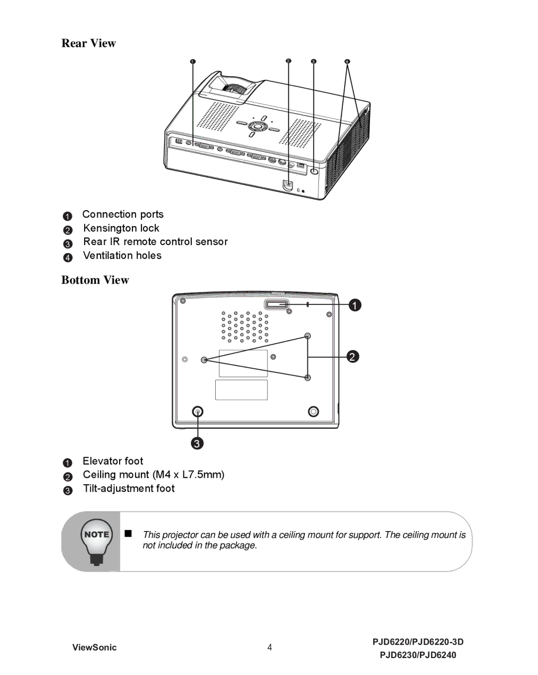 ViewSonic VS11949, PJD6240, PJD6230, PJD6220-3D, VS11990, VS11986 warranty Rear View, Bottom View 