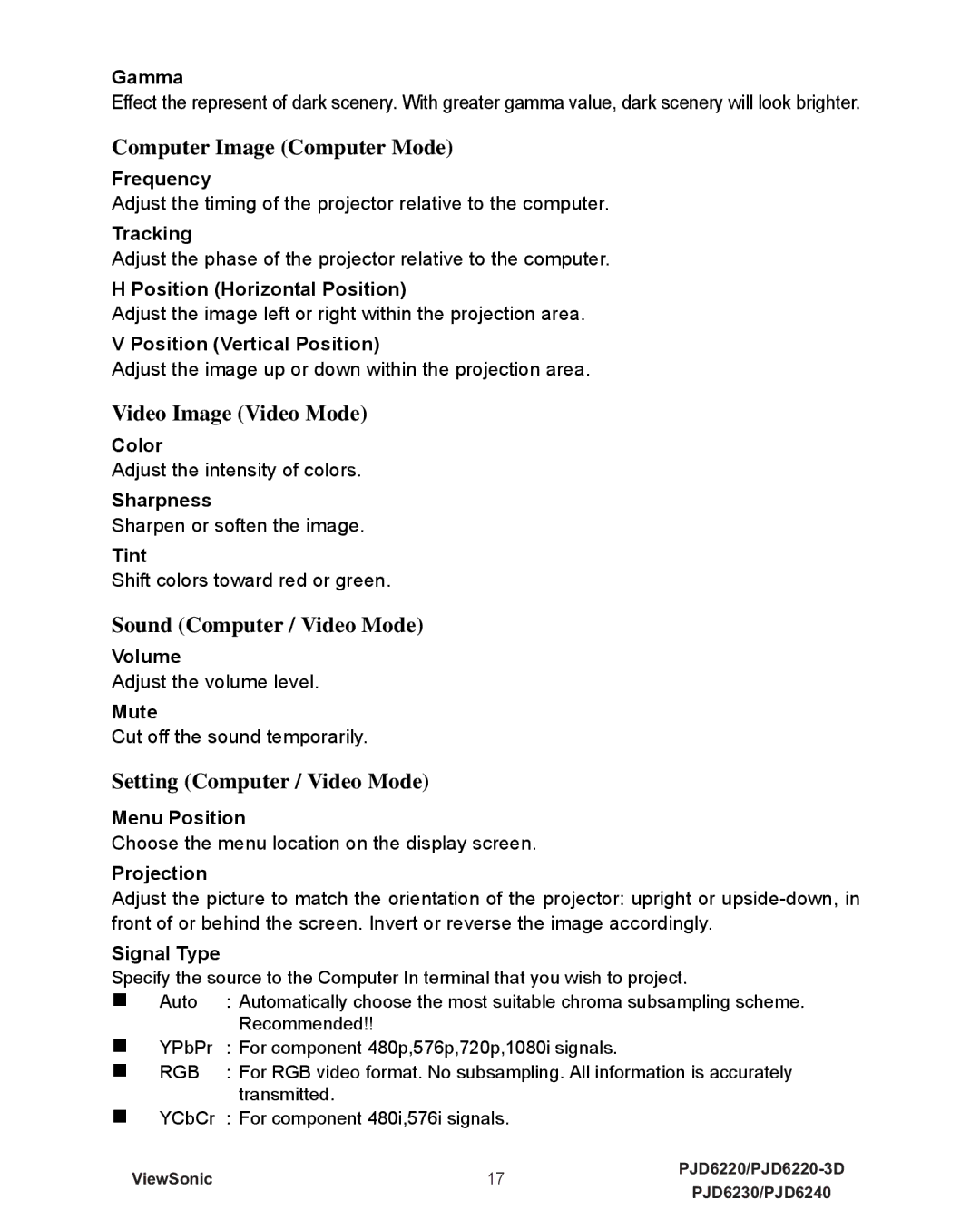 ViewSonic PJD6240, PJD6230, PJD6220-3D Computer Image Computer Mode, Video Image Video Mode, Sound Computer / Video Mode 