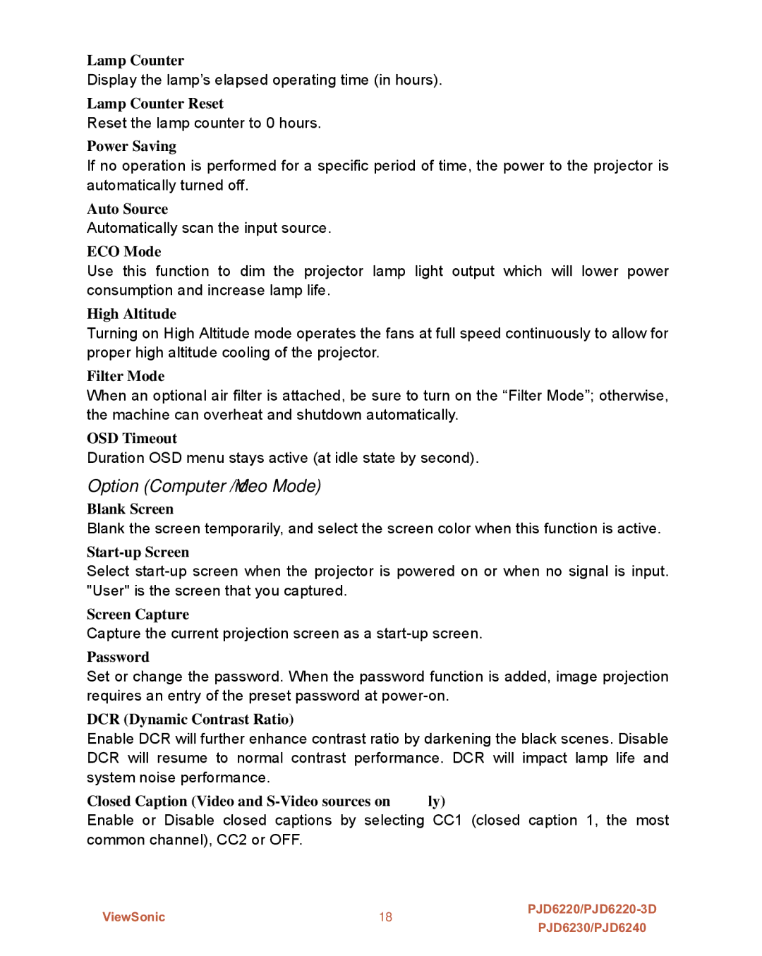 ViewSonic PJD6230, PJD6240, PJD6220-3D, VS11990, VS11986, VS11949 warranty Option Computer / Video Mode 
