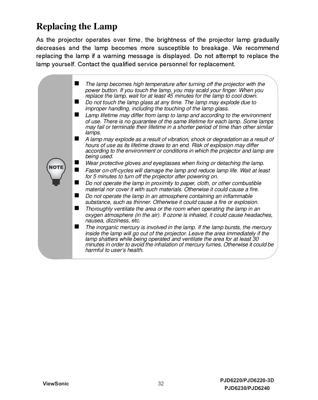 ViewSonic VS11990, PJD6240, PJD6230, PJD6220-3D, VS11986, VS11949 warranty Replacing the Lamp 