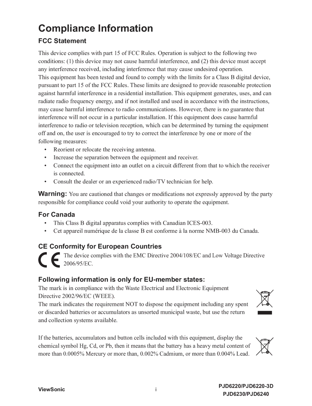 ViewSonic VS11986, PJD6240, PJD6230, PJD6220-3D, VS11990, VS11949 warranty Compliance Information, FCC Statement 