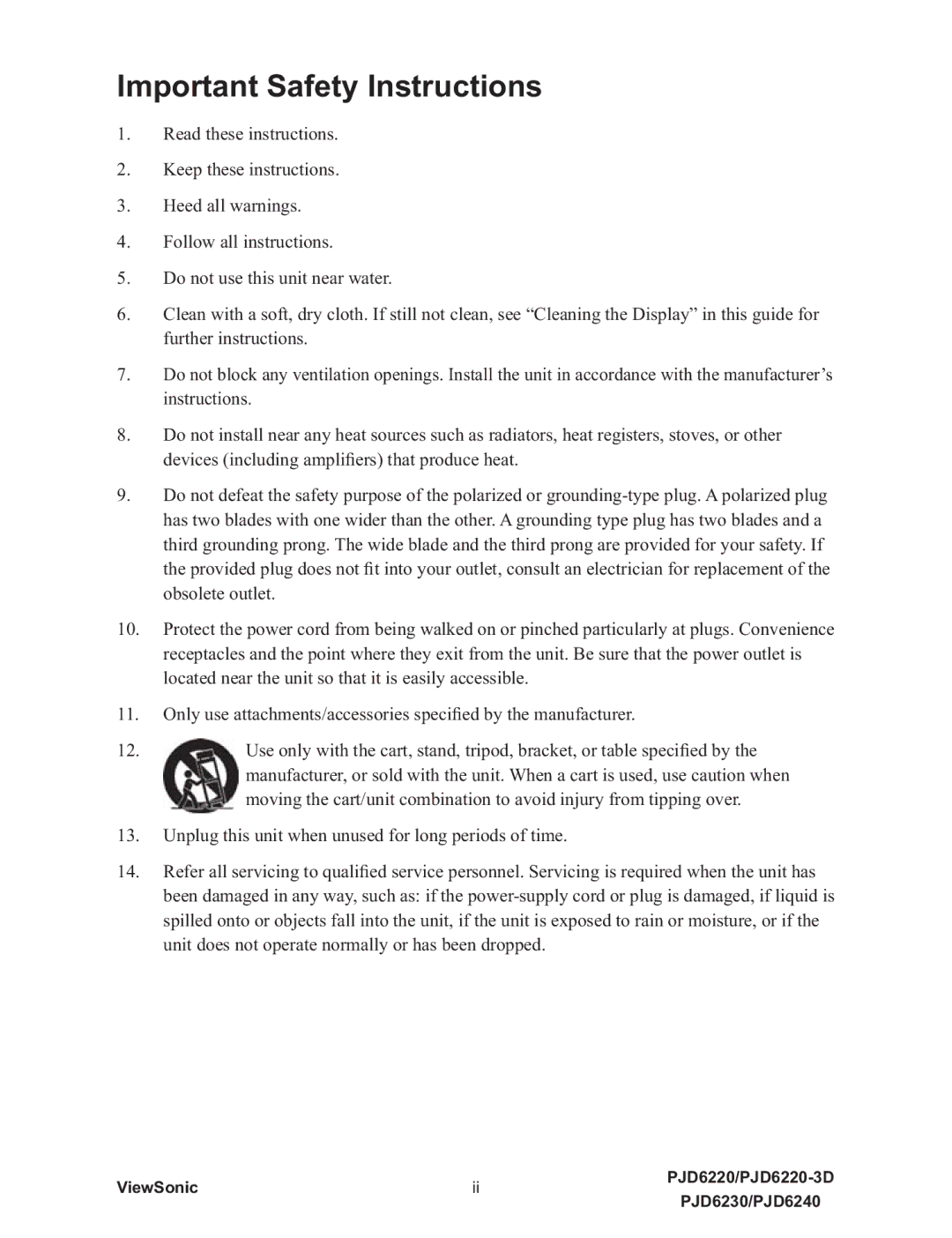 ViewSonic VS11949, PJD6240, PJD6230, VS11990 Important Safety Instructions, GhylfhvLqfoxglqjDpsol¿HuvWkdwSurgxfhKhdw 