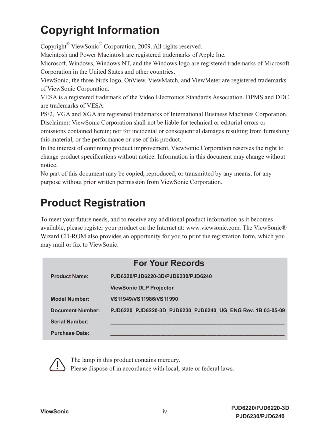 ViewSonic PJD6230, PJD6240, PJD6220-3D, VS11990, VS11986, VS11949 warranty Copyright Information, Product Registration 