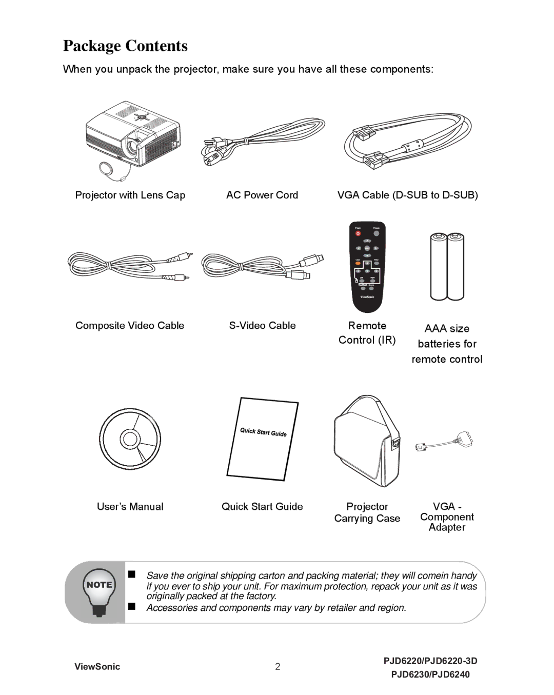 ViewSonic VS11990, PJD6240, PJD6230, PJD6220-3D, VS11986, VS11949 warranty Package Contents 