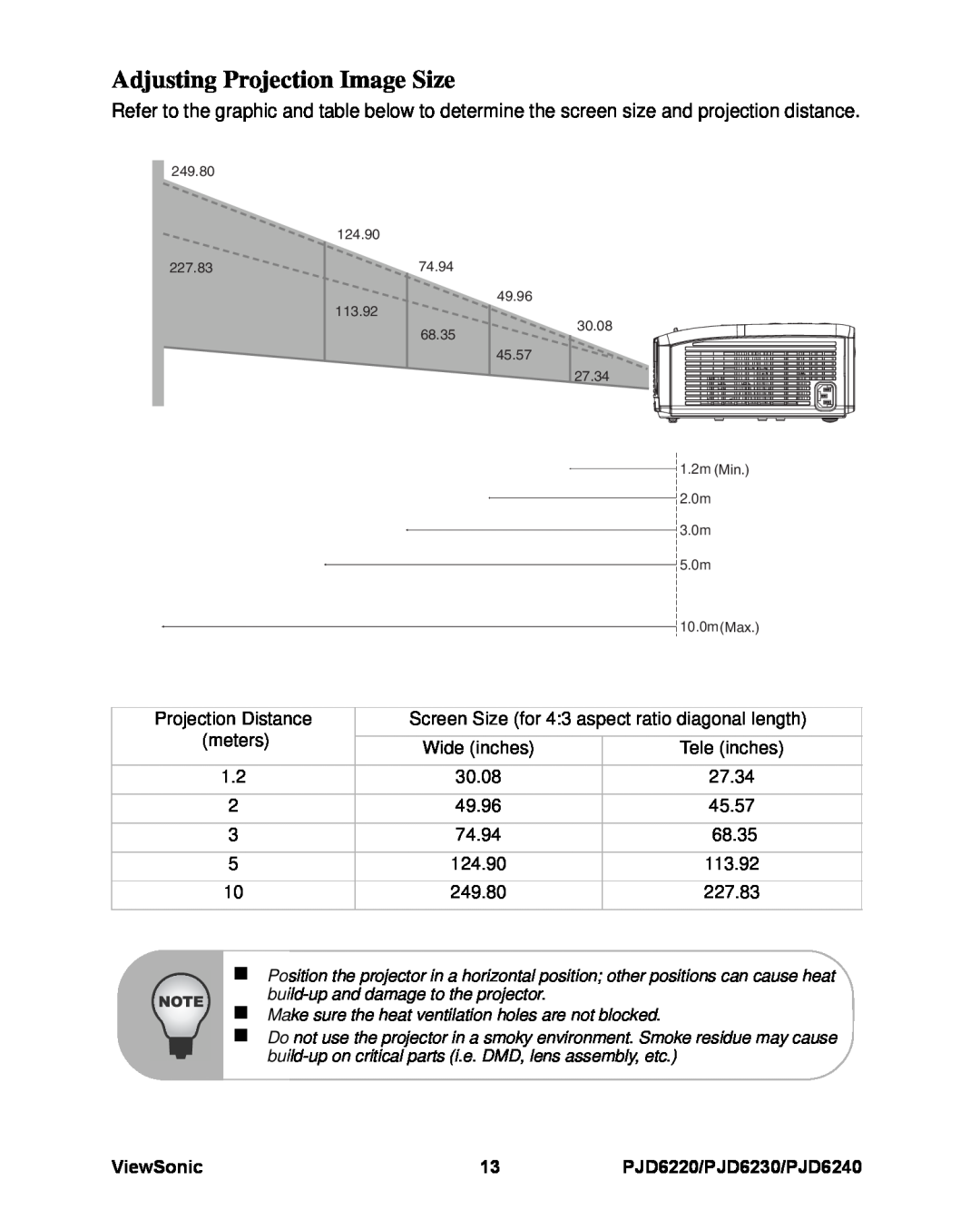 ViewSonic warranty Adjusting Projection Image Size, ViewSonic, PJD6220/PJD6230/PJD6240 