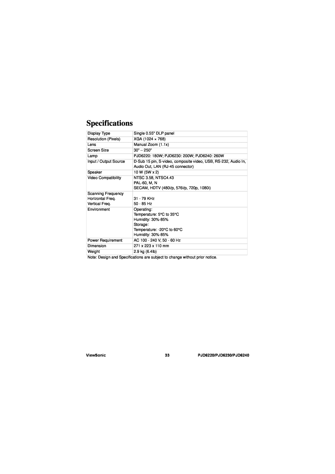 ViewSonic warranty Specifications, ViewSonic, PJD6220/PJD6230/PJD6240 