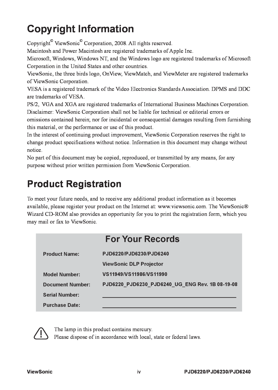 ViewSonic PJD6220, PJD6240, PJD6230 warranty Product Registration, Copyright Information, For Your Records 