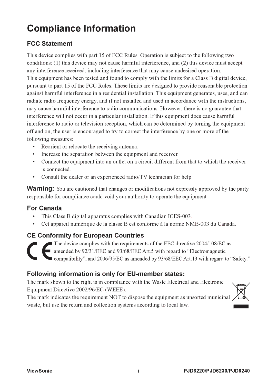 ViewSonic PJD6220, PJD6240, PJD6230 warranty Compliance Information, FCC Statement 