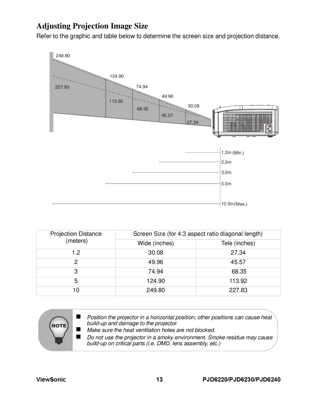 ViewSonic PJD6220, PJD6240, PJD6230 warranty Adjusting Projection Image Size 