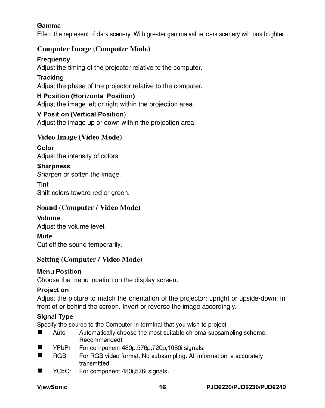 ViewSonic PJD6220, PJD6240, PJD6230 Computer Image Computer Mode, Video Image Video Mode, Sound Computer / Video Mode 