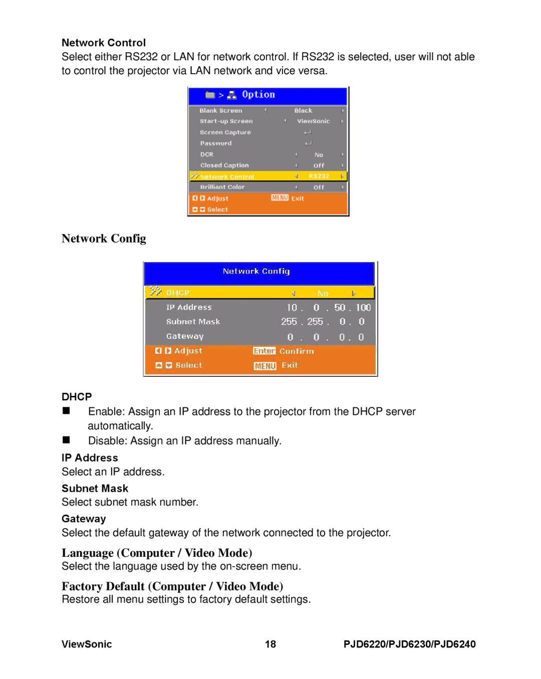 ViewSonic PJD6230, PJD6240, PJD6220 Network Config, Language Computer / Video Mode, Factory Default Computer / Video Mode 