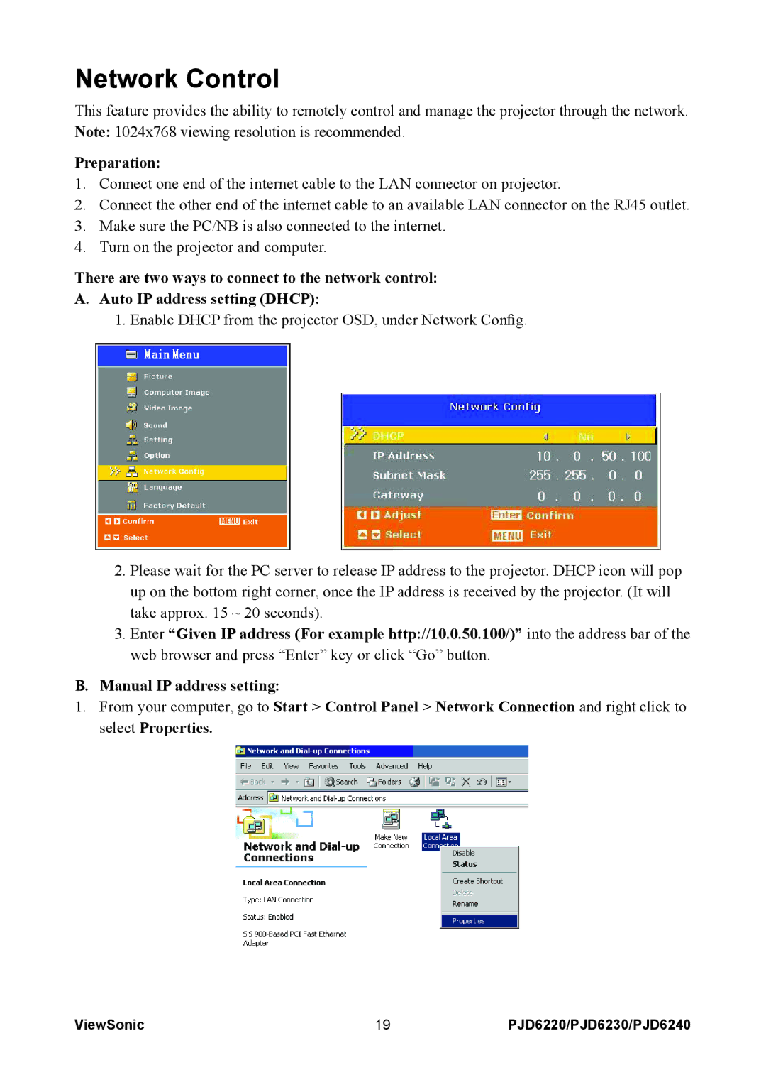 ViewSonic PJD6220, PJD6240, PJD6230 warranty Network Control, Preparation 