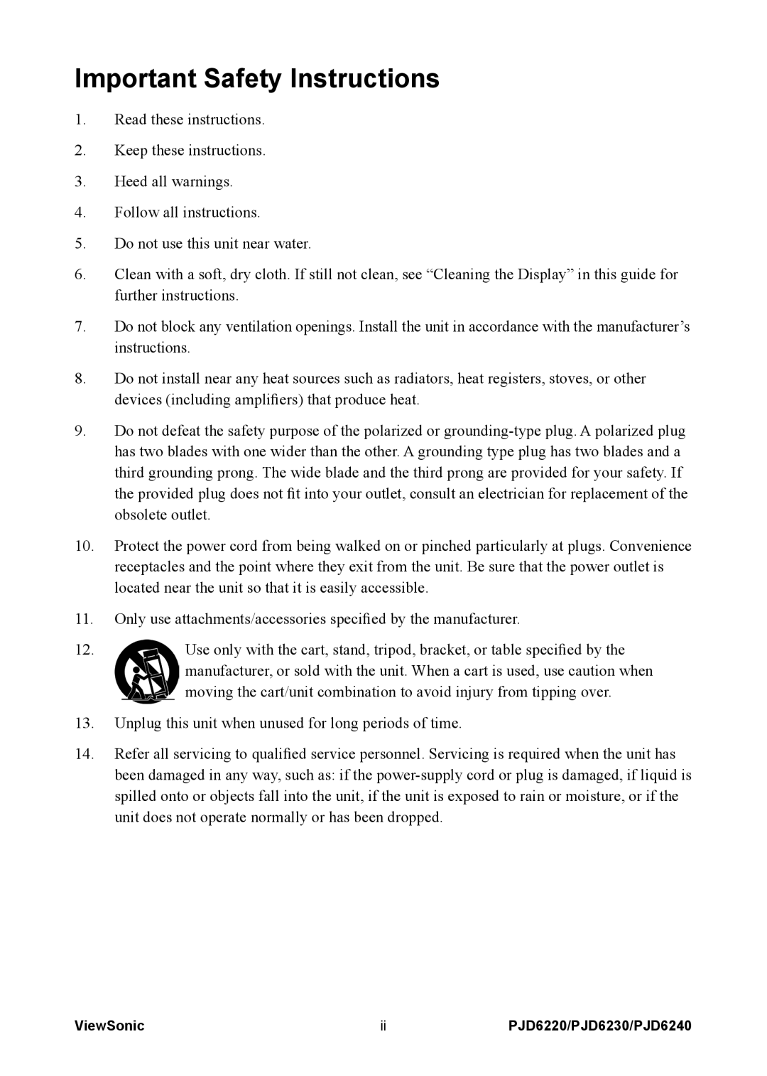 ViewSonic PJD6240, PJD6230, PJD6220 warranty Important Safety Instructions 