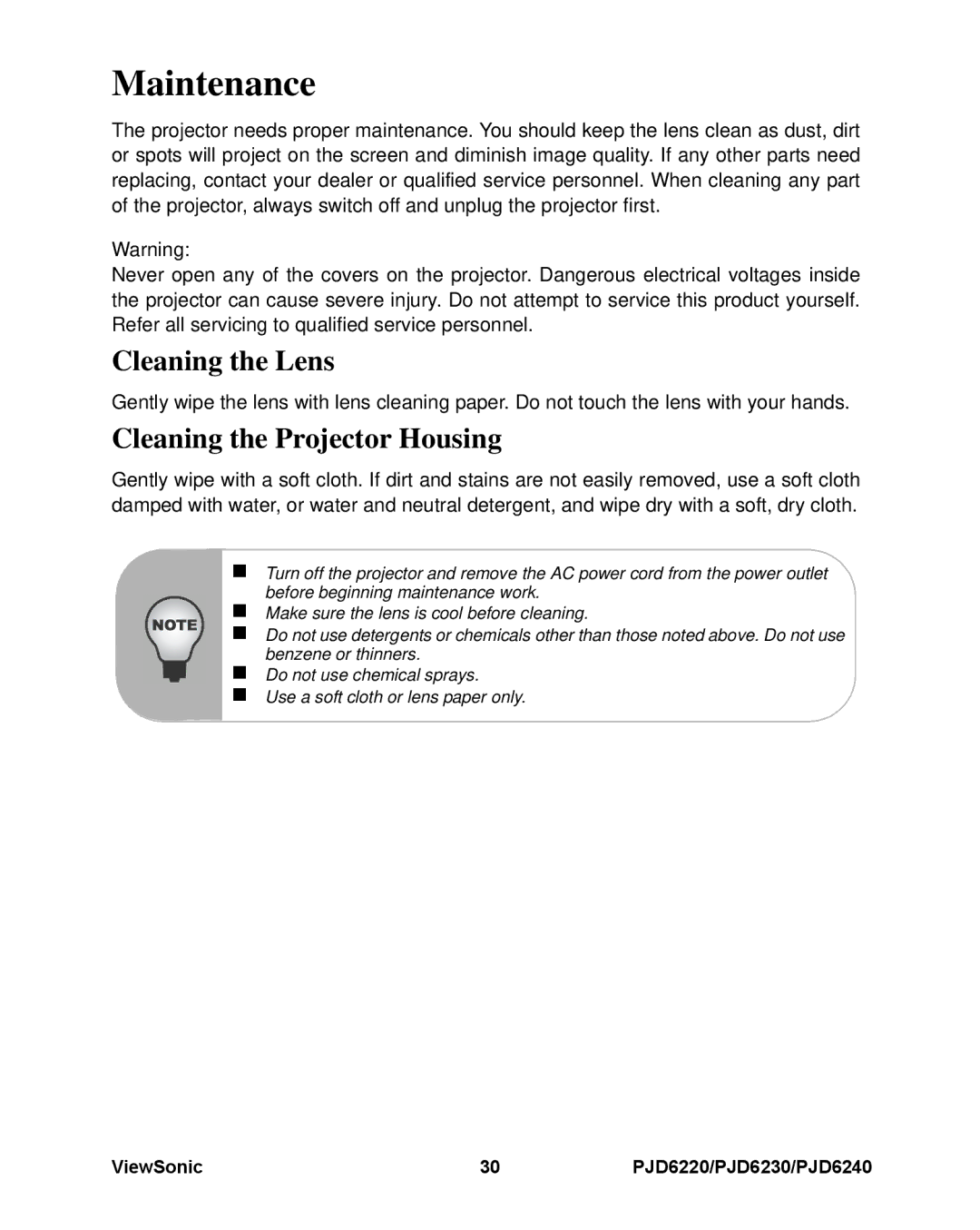 ViewSonic PJD6230, PJD6240, PJD6220 warranty Maintenance, Cleaning the Lens, Cleaning the Projector Housing 