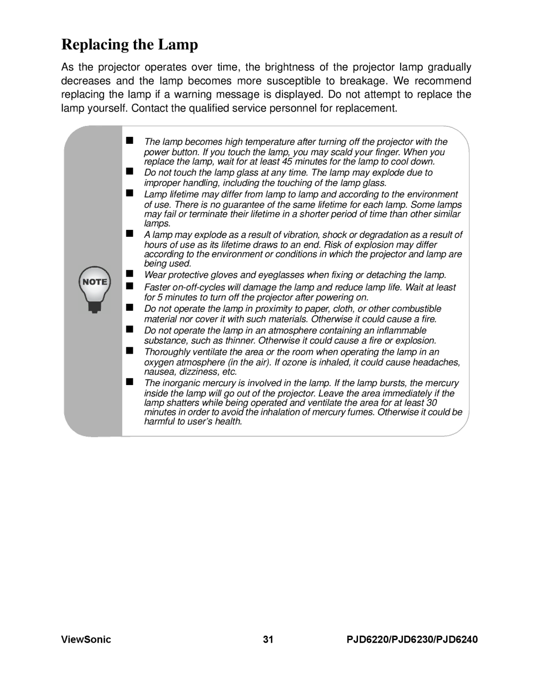ViewSonic PJD6220, PJD6240, PJD6230 warranty Replacing the Lamp 
