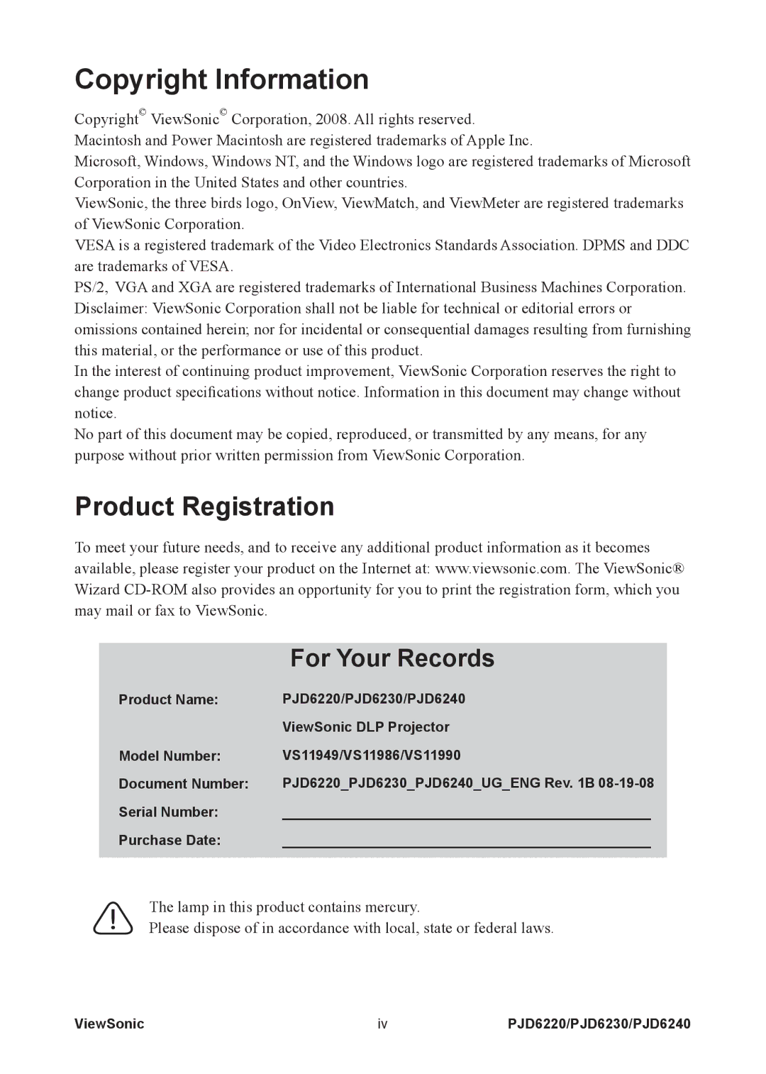 ViewSonic PJD6220, PJD6240, PJD6230 warranty Copyright Information, Product Registration 