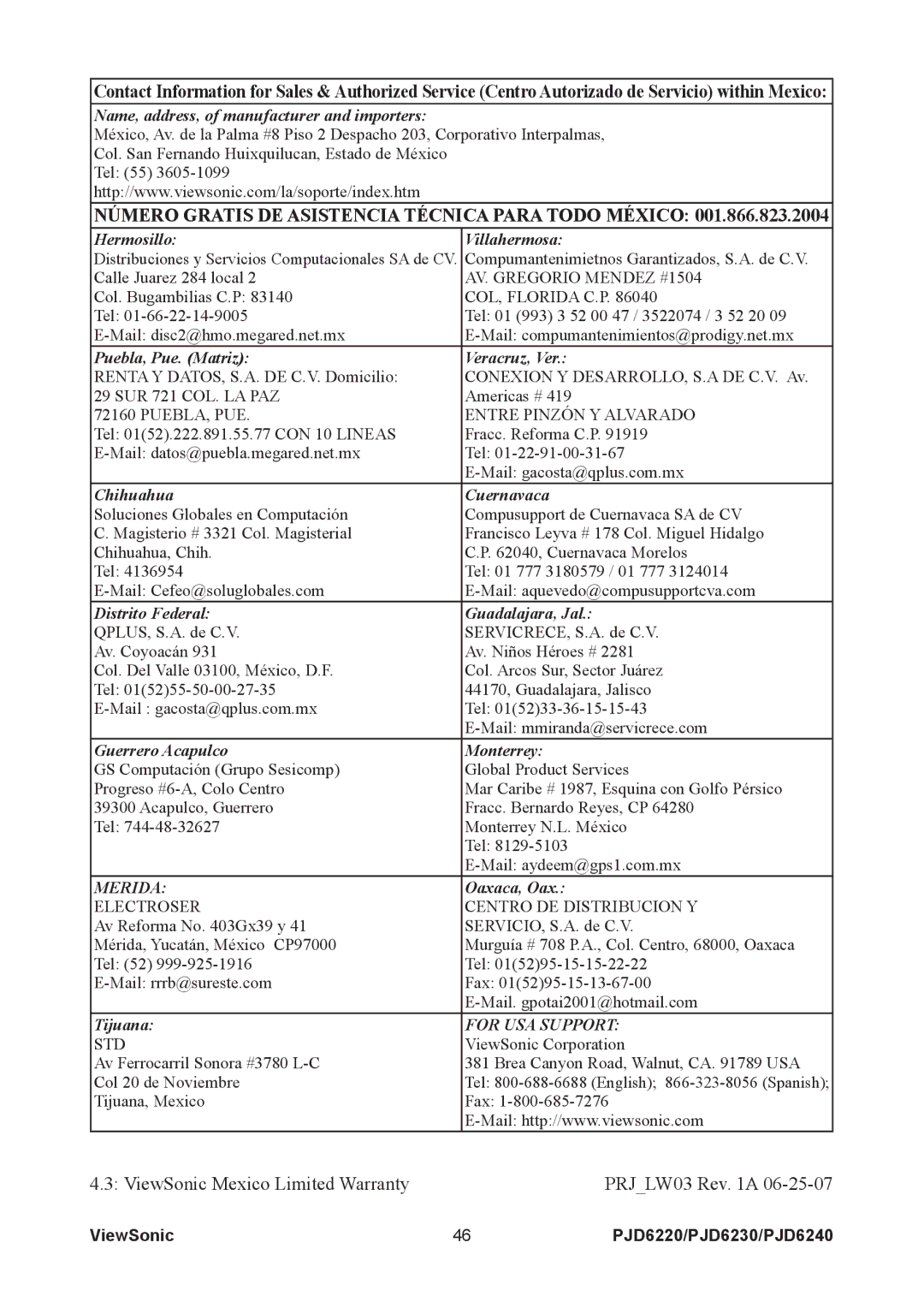 ViewSonic PJD6220, PJD6240, PJD6230 warranty Número Gratis DE Asistencia Técnica Para Todo México 