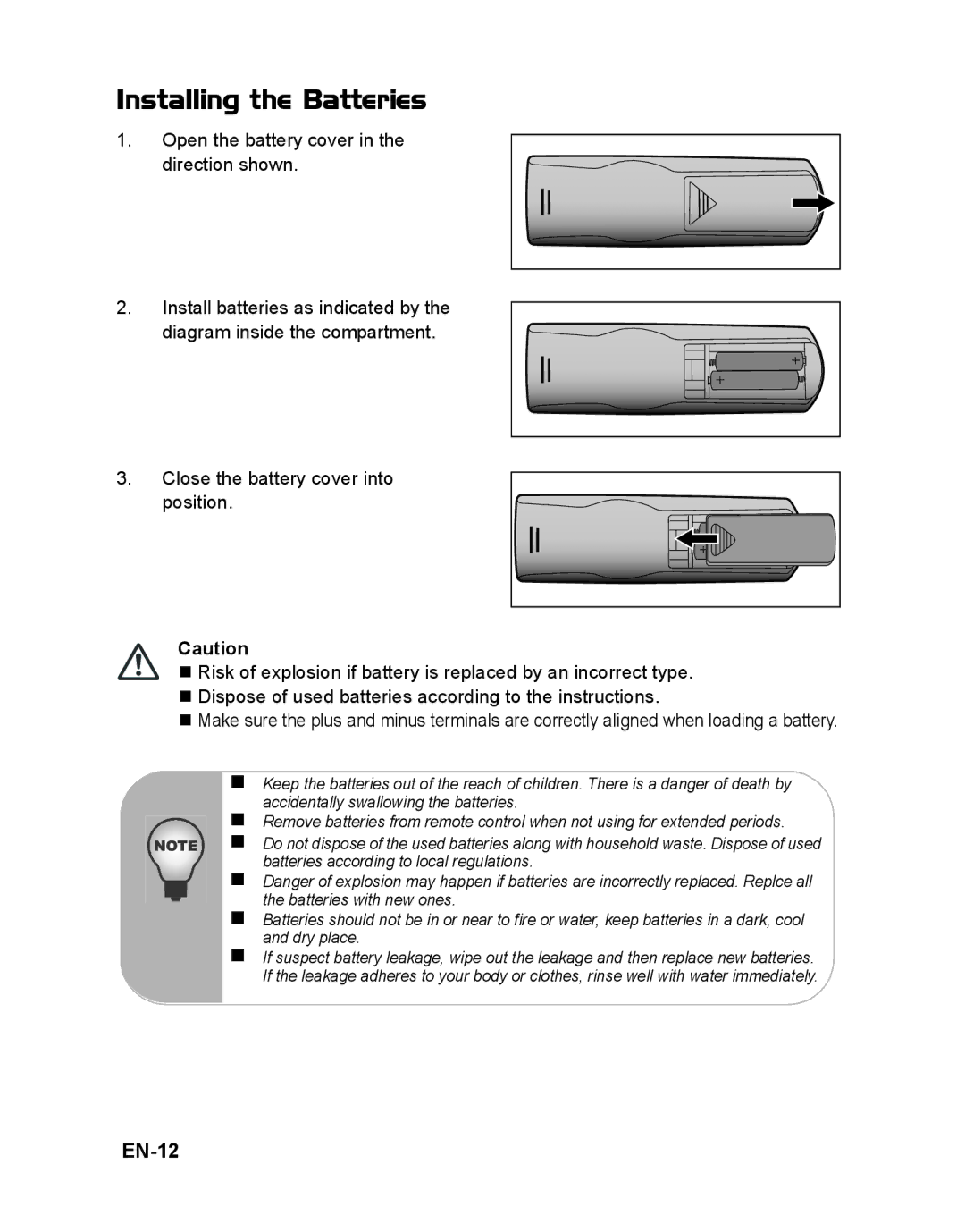 ViewSonic PJD6241 warranty Installing the Batteries, EN-12 