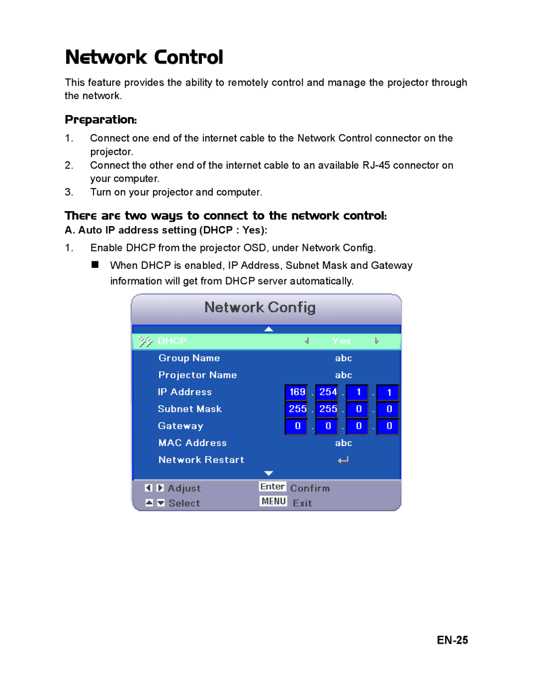 ViewSonic PJD6241 warranty Network Control, Preparation, There are two ways to connect to the network control, EN-25 