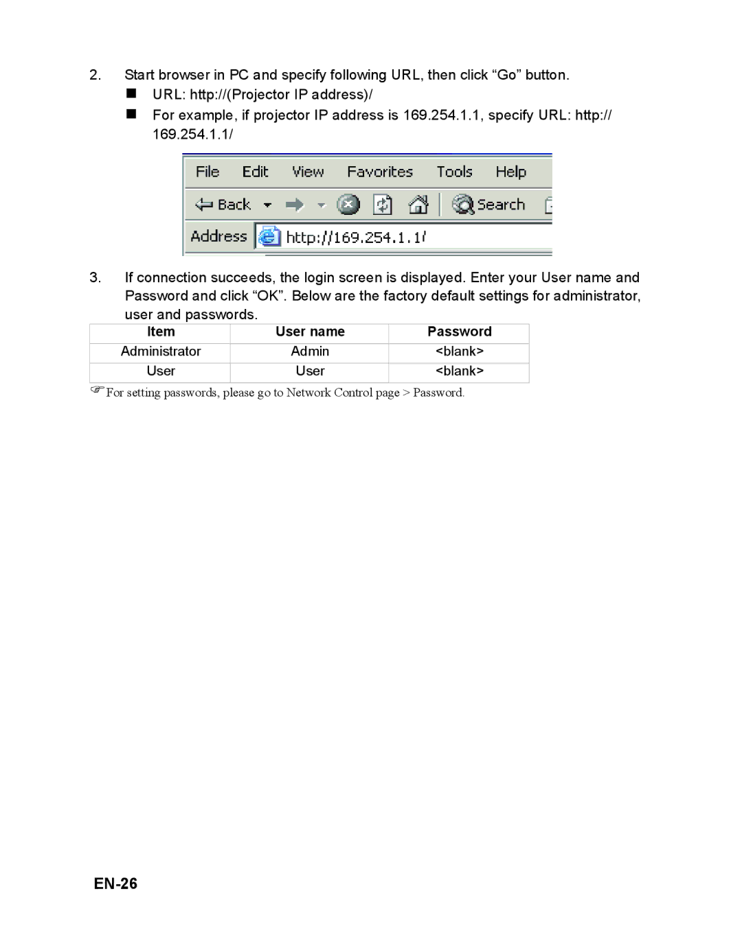 ViewSonic PJD6241 warranty EN-26, User name Password 