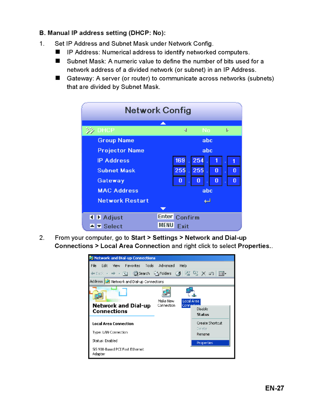 ViewSonic PJD6241 warranty EN-27, Manual IP address setting Dhcp No 