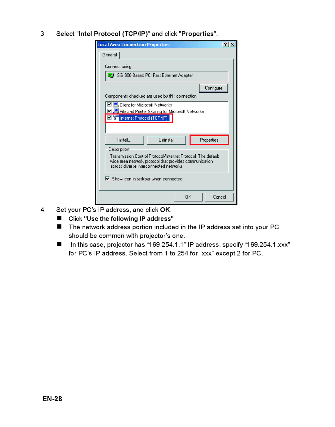 ViewSonic PJD6241 warranty EN-28, Select Intel Protocol TCP/IP and click Properties, „ Click Use the following IP address 