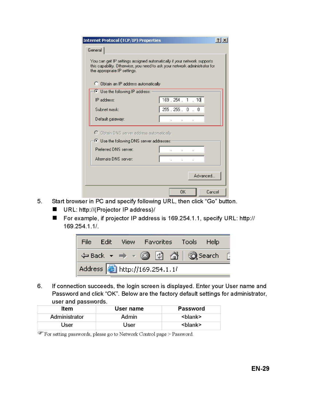 ViewSonic PJD6241 warranty EN-29, User name Password 