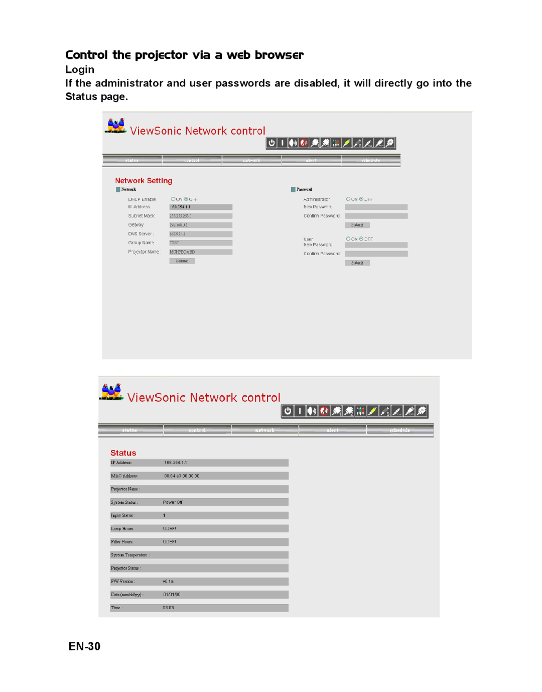 ViewSonic PJD6241 warranty Control the projector via a web browser, EN-30 