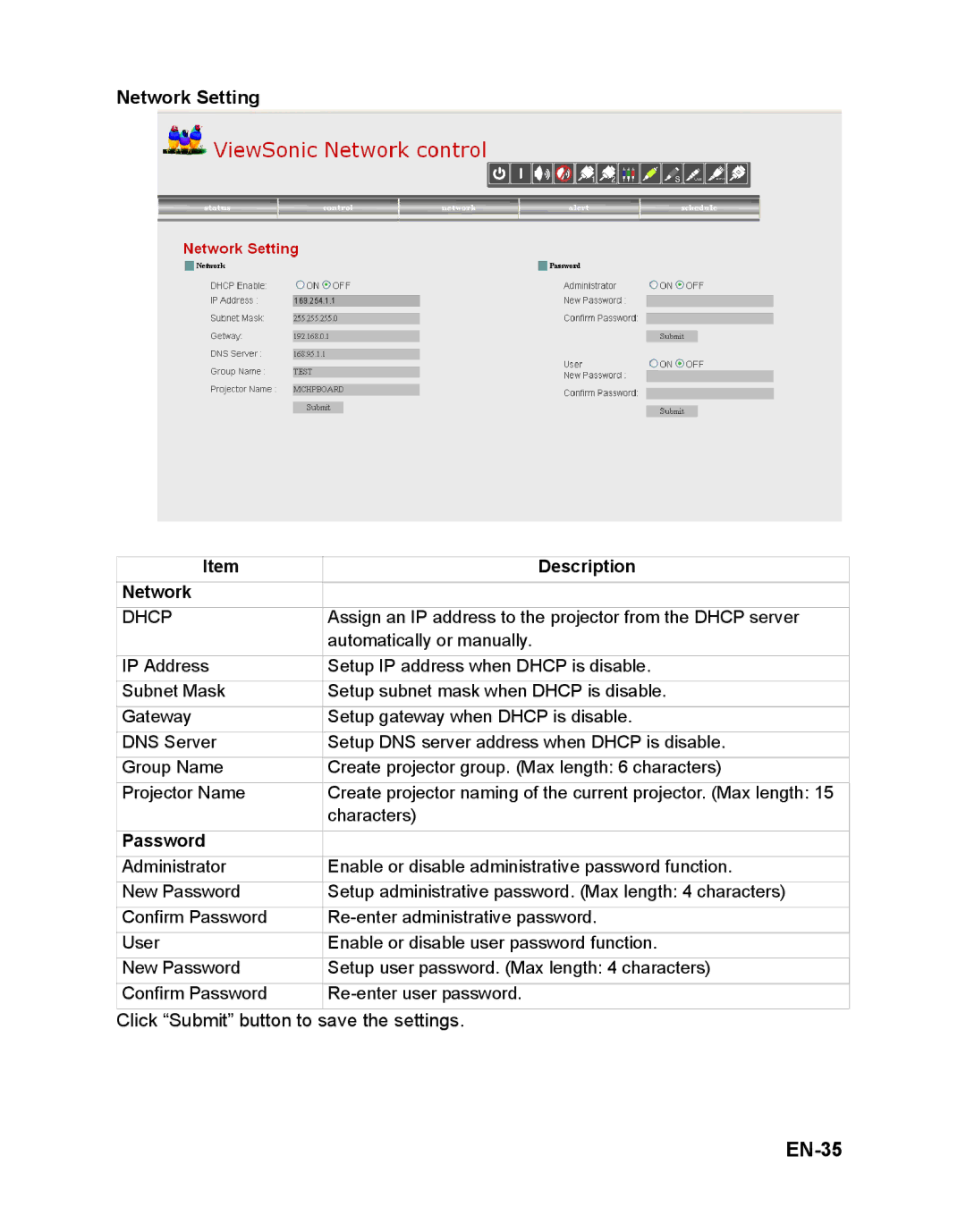 ViewSonic PJD6241 warranty EN-35, Network Setting 