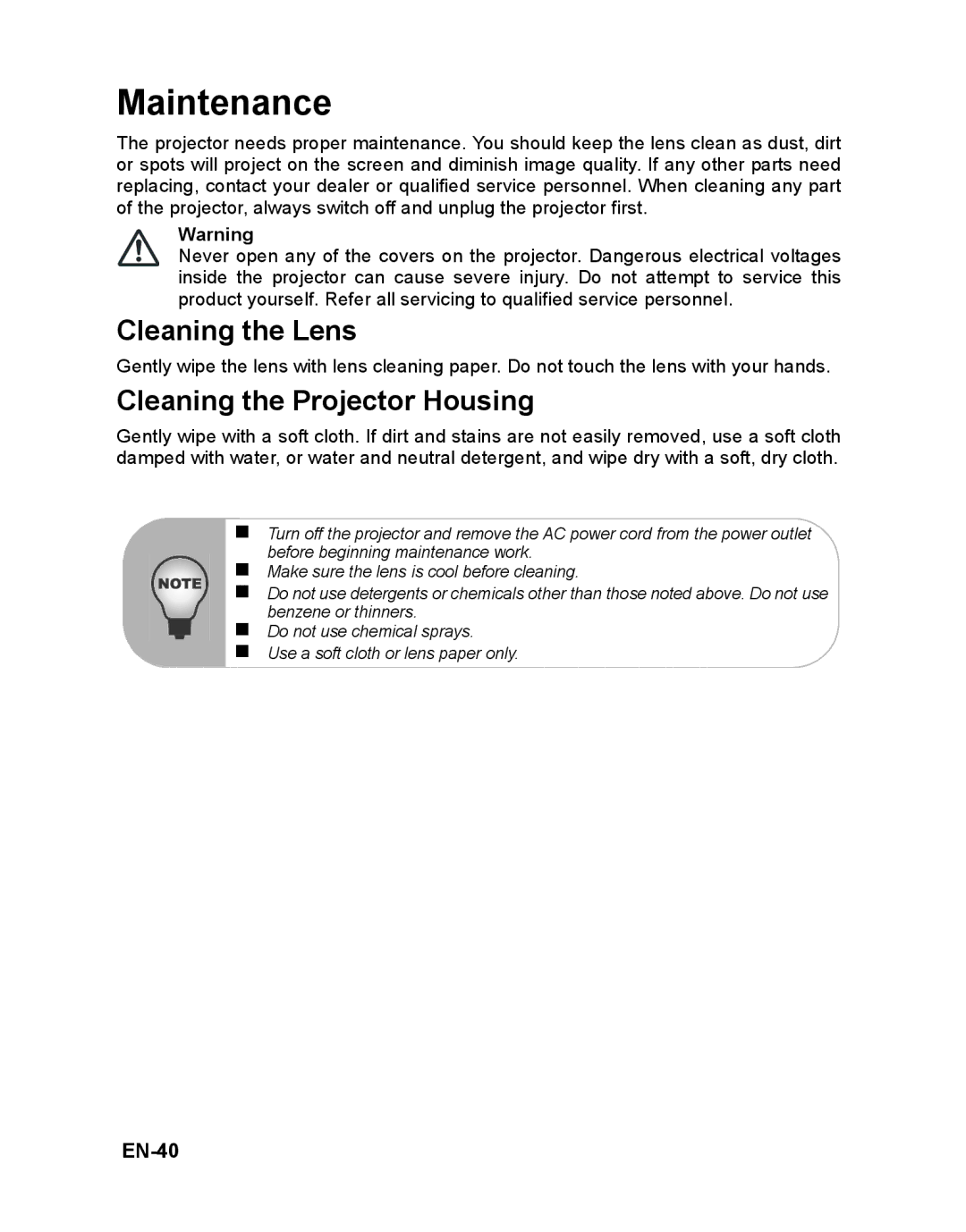 ViewSonic PJD6241 warranty Maintenance, Cleaning the Lens, Cleaning the Projector Housing, EN-40 