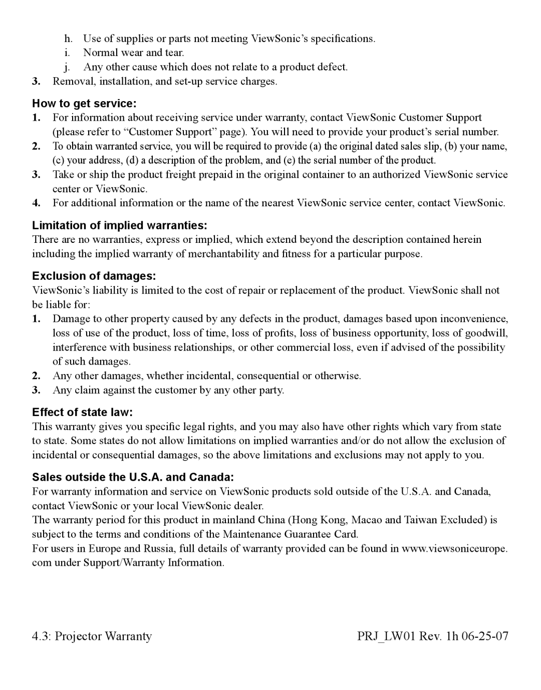 ViewSonic PJD6241 warranty How to get service, Limitation of implied warranties, Exclusion of damages, Effect of state law 